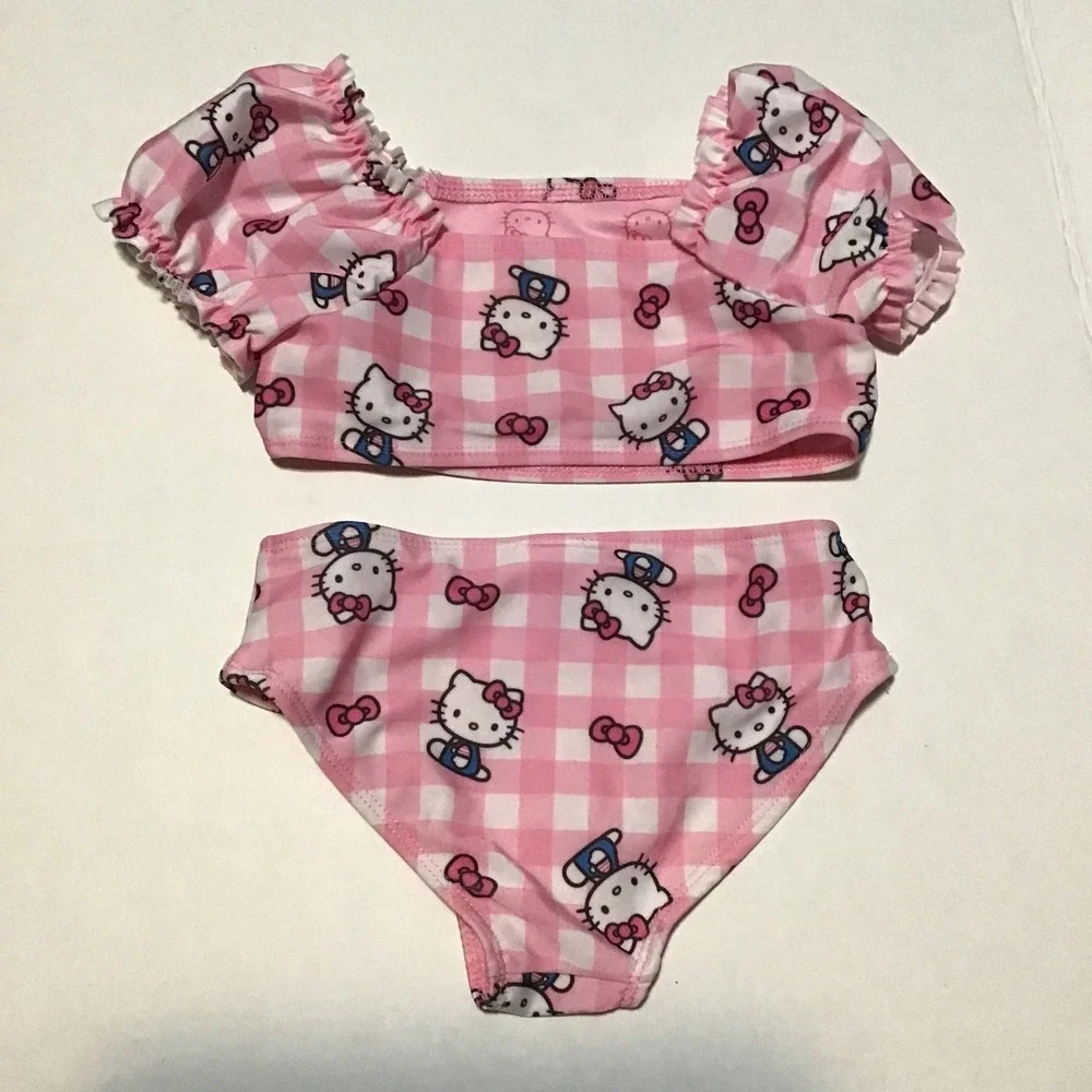 Hello Kitty Pink Gingham Puffy Sleeve Bikini Set Toddler Girls 4T Sanrio Swim